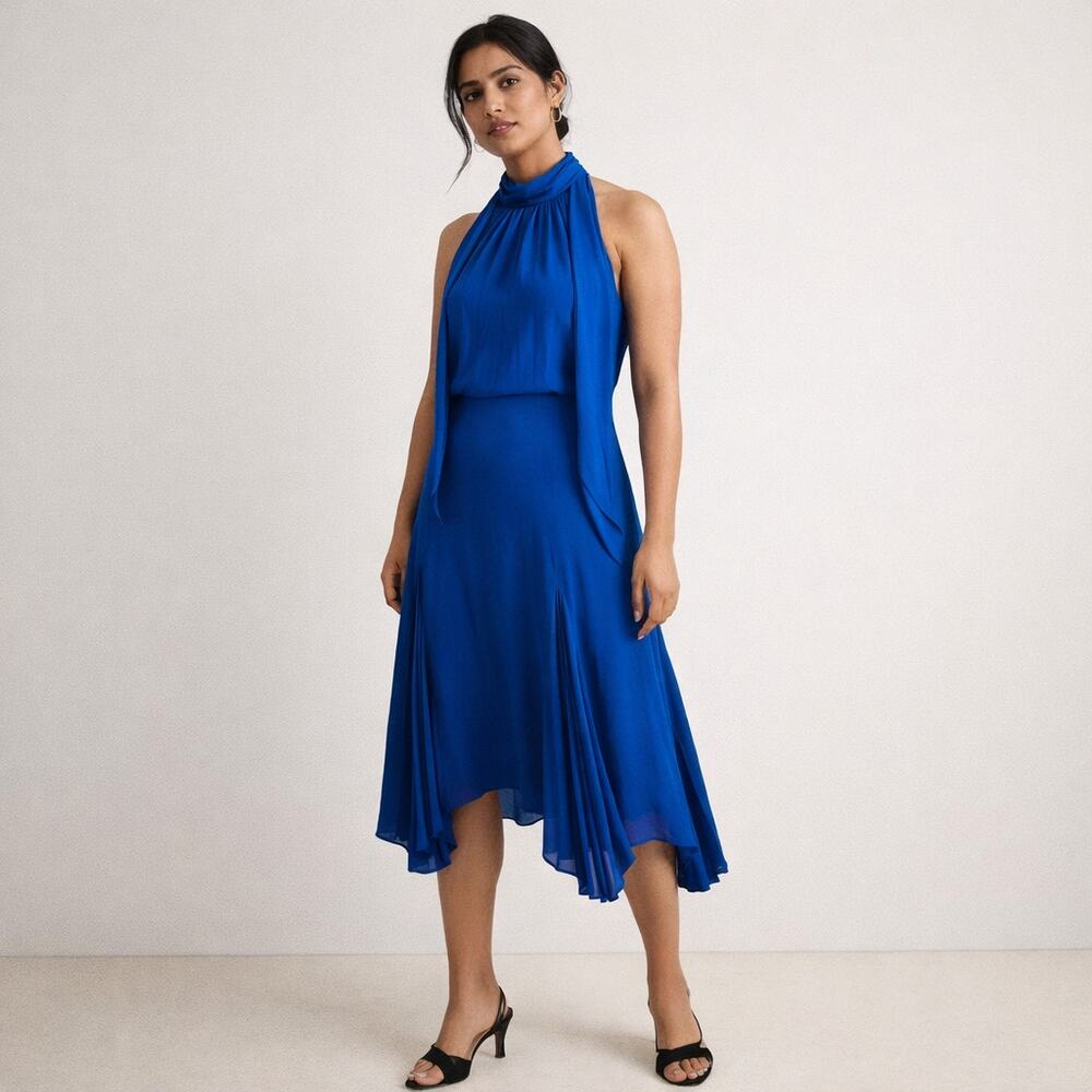 Reiss Jenna Midi Dress with bow Detail Godet in Cobalt blue size 2